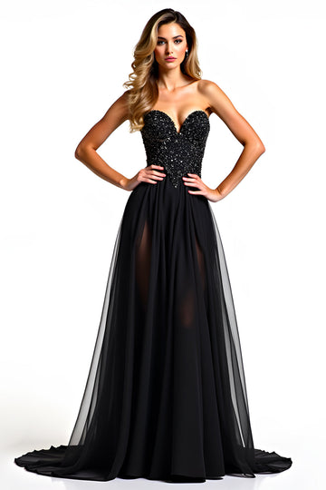 Sparkly Black A Line Sweetheart Long Formal Dress with Beading